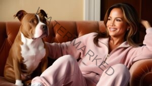 Jennifer Lopez wit her pet dog Bear, a Pitbull.